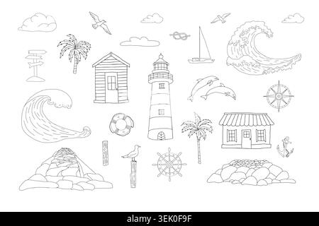 Set di illustrazioni Vector Nautical Doodle di elementi marini e oceanici. Collezione grafica disegnata a mano di faro, case costiere, onde e creature marine Illustrazione Vettoriale