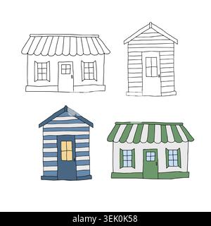 Illustrazione grafica vettoriale delle case costiere. Accoglienti cottage sul mare. Edifici in stile scandinavo disegnati a mano. Elemento doodle dal design piatto Illustrazione Vettoriale
