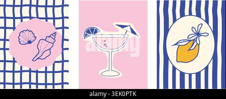 Poster estivo sulla Costiera Amalfitana con limone, conchiglia e cocktail. Collezione per vacanze disegnata a mano Illustrazione Vettoriale
