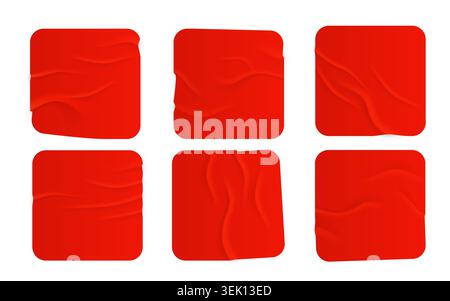 Set di adesivi quadrati rossi spiegazzati o etichette di carta. Texture per mockup e design. Illustrazione vettoriale Illustrazione Vettoriale