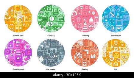 Icone colorate e circolari raffigurano estate, campeggio, matrimonio, crociera, intrattenimento, servizio auto, cucito, temi per animali domestici con simboli di linea dettagliati su sfondo bianco Illustrazione Vettoriale