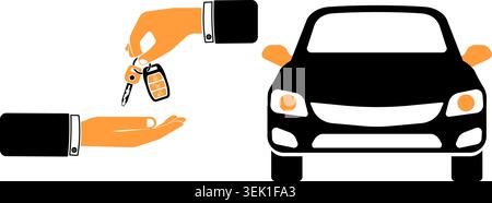 Logo di acquisto, acquisto, condivisione o noleggio auto con icone piatte. il concessionario di automobili fornisce le chiavi all'acquirente. illustrazione vettoriale isolata Illustrazione Vettoriale