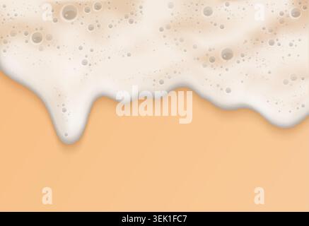 La schiuma marina realistica si diffonde sulla sabbia calda in uno sfondo vicino alla spiaggia, mostrando la consistenza frizzante del surf, le morbide onde costiere e i dettagli della costa per un'illustrazione vettoriale del design dei viaggi estivi Illustrazione Vettoriale