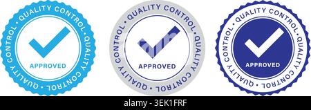 Raccolta di badge approvati per il controllo qualità con marchio di controllo sigillo di certificazione e set di etichette di convalida Illustrazione Vettoriale