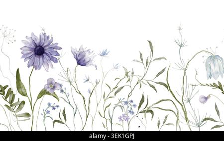 Immagine ad acquerello con striscione orizzontale con fiori selvatici viola e blu. Bordo senza cuciture con illustrazione disegnata a mano Fiordaliso, selvaggio Foto Stock