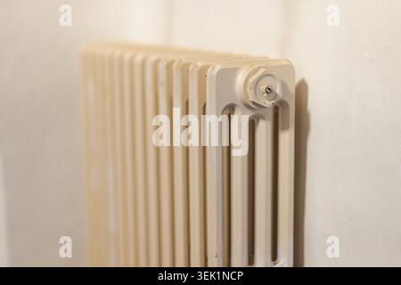 Radiatore in ghisa d'epoca montato a parete negli interni tradizionali di una casa di campagna Foto Stock