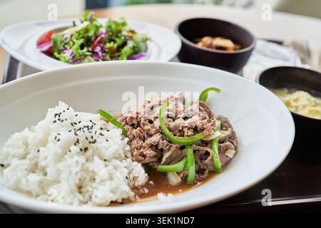 Ciotola di riso bulgogi di manzo coreano con manzo marinato salato, peperoni verdi e riso in un piatto bianco, completo di insalata e contorni. Foto Stock