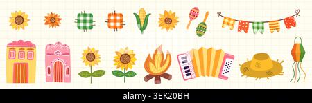 Grazioso set Junina Vector Festa con girasole, cappello di paglia, Bunting, fisarmonica, granturco, illustrazioni del Festival brasiliano Illustrazione Vettoriale