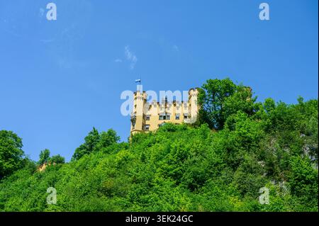 Schwangau, Germania — maggio 31 2026: Il castello di Hohenschwangau sorge su una collina boscosa sotto un cielo azzurro. Foto Stock