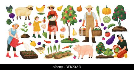 Cibo agricolo. Prodotti agricoli, lavoratore in un villaggio agricolo o gente del mercato della frutta locale. Piante ecologiche biologiche, produzione alimentare stagionale, lavoro rurale. Illustrazione isolata in stile cartoni animati vettoriali Illustrazione Vettoriale