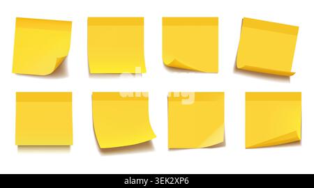 Elenco note giallo. Blocco promemoria carta, pagina bianca della lista di controllo o importante pannello quadrato colorato. Miniatura vuota. Appunti realistici con angoli e ombre arricciati, set di icone isolate vettoriali Illustrazione Vettoriale