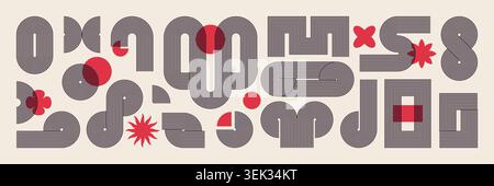 Forme minimali. Arte organica astratta, elementi geometrici del logo o poster con curva circolare. Forme a labirinto con icone rosse e minimaliste. Design contemporaneo con isolamento vettoriale Illustrazione Vettoriale