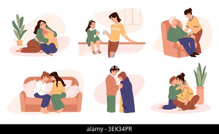 Supporto coppia. Tristi amici empatia, famiglia abbraccia e parla o cura dei bambini. I genitori aiutano le relazioni con i bambini. Simpatia e amore per gli adulti. Illustrazione isolata in stile piatto di cartoni animati vettoriali emotivi Illustrazione Vettoriale