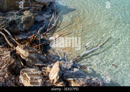 Il Mar morto è un lago ipersalino delimitato dalla Giordania a est e da Israele e dalla Cisgiordania a ovest. Splendido paesaggio e blu cristallino Foto Stock