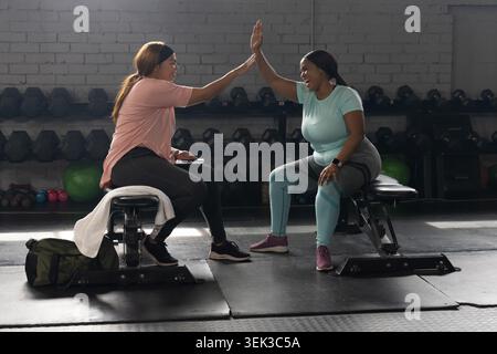 Partner di allenamento che danno cinque alti mentre si siede sulle panchine in palestra con manubri in abbigliamento sportivo Foto Stock