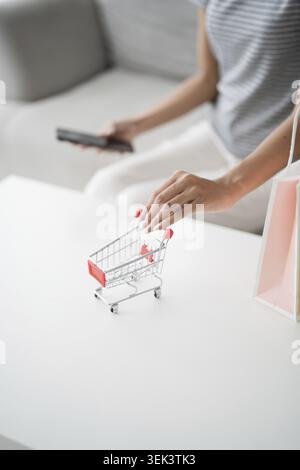 Donna asiatica e piccolo carrello con laptop per lo shopping online su Internet concetto di e-commerce in soggiorno Foto Stock