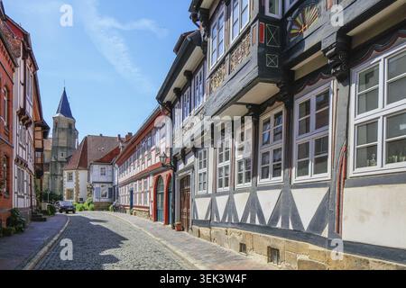 Case a graticcio a Hinterer Bruehl, nel retro Basilika Sankt Godehard, Hildesheim, bassa Sassonia, Germania Foto Stock