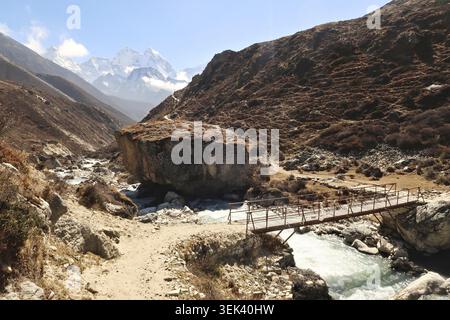 Piccolo ponte di legno sul fiume Lobuche sul sentiero tra Pheriche e Pangboche, il monte Kangtega e Thamserku sullo sfondo, il monte Everest Foto Stock