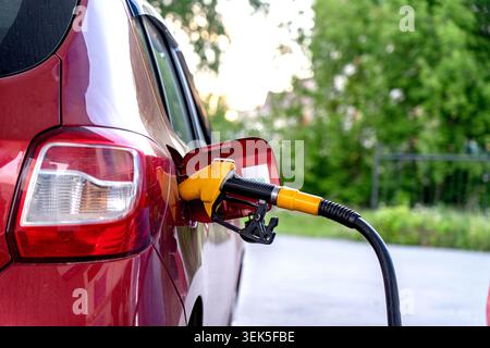 Rifornimento di un veicolo: Primo piano di una pompa di alimentazione inserita in un serbatoio di gas per auto con sfondo naturale Foto Stock