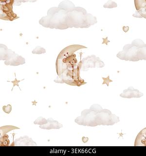 Motivo senza cuciture con luna gialla, orsacchiotto con corna a forma di cuore che reggono la bacchetta magica con la stella. Illustrazione ad acquerello disegnata a mano con nuvole. Per Foto Stock