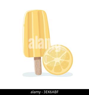 Illustrazione vettoriale estiva con ghiaccio al limone isolato. Rinfrescante lolly di ghiaccio giallo su bastoncino di legno Illustrazione Vettoriale