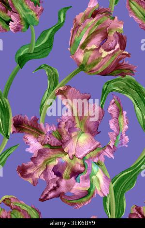 Motivo senza cuciture con fiori di tulipani, petali, vapore, foglie verdi. Sfondo di tulipani rosa esotici disegnati ad acquerello. Design per decorazione, tessuto Foto Stock