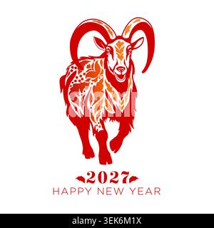 Capra decorativa rossa con ornamenti floreali. Simbolo del nuovo anno 2027 per biglietti d'auguri, calendari, scrapbooking e stampe natalizie Illustrazione Vettoriale