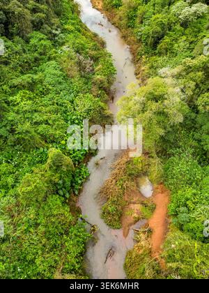 Fotografia aerea di Arroio Feitoria circondata da una fitta foresta a Ivoti, Rio grande do sul, Brasile. L'immagine evidenzia il paesaggio naturale, Foto Stock