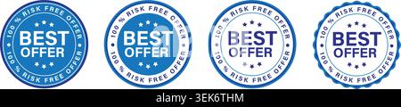 Migliore offerta Collezione di badge blu senza rischio Set di etichette promozionali premium Illustrazione Vettoriale