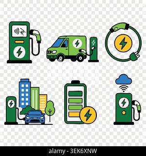 Stazione di ricarica per batterie per furgoni elettrici verdi e set di illustrazioni vettoriali degli edifici urbani intelligenti Illustrazione Vettoriale