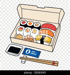 Scatola bento di cartone da asporto piena di deliziosi sushi roll e nigiri accanto alla bottiglia di salsa di soia e alle bacchette Illustrazione Vettoriale