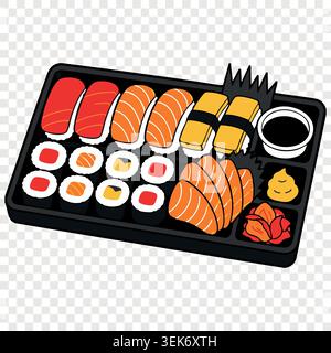 Scatola nera bento riempita con vari sushi roll nigiri salmone sashimi wasabi e zenzero tradizionale cibo giapponese Illustrazione Vettoriale