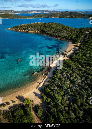 Vista aerea della Spiaggia di Porto Palma con le sue acque turchesi, la spiaggia sabbiosa e la lussureggiante vegetazione mediterranea a la Maddalena, Sardegna, Italia. Foto Stock