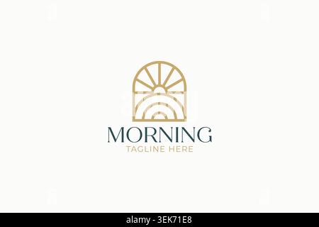 moderno modello di design del logo della fattoria all'alba del mattino con lineart minimalista finestra ad arco sole e campo per l'agricoltura biologica Illustrazione Vettoriale