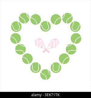 Palla da tennis a forma di cuore con racchette incrociate illustrazione sportiva pastello Illustrazione Vettoriale