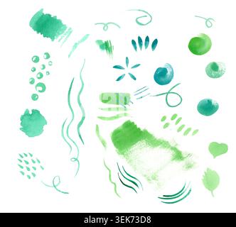 Pennellate astratte di colore verde acquerello e turchese che avvolgono vortici e puntini isolati su sfondo bianco. Elementi di design artistici disegnati a mano per la creatività Foto Stock