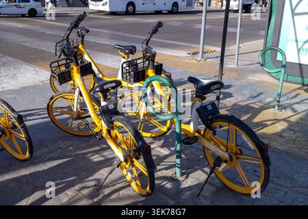 Sharm El Sheikh Egitto, 1 maggio 2026: Biciclette a noleggio gialle parcheggiate a Sharm El Sheikh Egitto che mostrano un moderno sistema di trasporto per i turisti Foto Stock