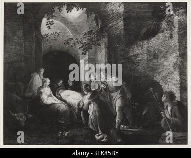 Riproduzione fotografica dell'Adorazione dei Pastori di Karel van Mander. I pastori si riuniscono in adorazione intorno al bambino Cristo in una scena religiosa che include un suonatore di cornamusa ed elementi associati all'immaginario della Natività cristiana. Foto Stock