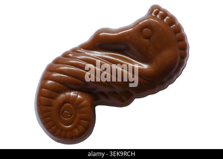 Cioccolato guylian dalla scatola di cioccolatini Guylian Belgian Deluxe assortiti isolati su sfondo bianco - cioccolatini belgi di prima qualità al caramello al cavalluccio marino Foto Stock