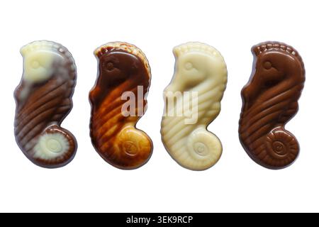 Cioccolatini guylian da una grande scatola di cioccolatini Guylian Belgian Deluxe assortiti isolati su sfondo bianco - cioccolatini belgi premium cavallucci marini Foto Stock