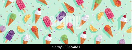 Coni di gelato popsicles motivo estivo sfondo senza cuciture dolci colorati congelati fette di limone cospargere di verde menta sfondo giocoso ripetizione Illustrazione Vettoriale