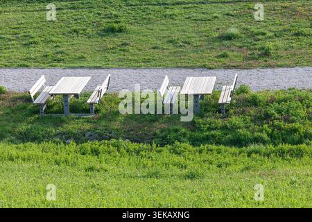 Due tavoli da picnic vuoti in legno con panchine si trovano accanto a un sentiero di ghiaia in un parco illuminato dal sole, circondato da lussureggianti prati verdi e piccoli fiori selvatici, che evocano circa Foto Stock