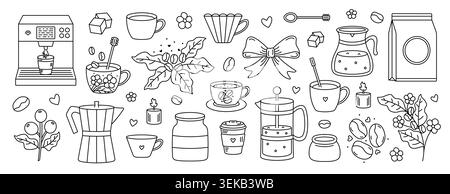 La linea di caffè Doodle è composta da intimi elementi da caffè e da graziose icone delle bevande. Collezione di vettori di corsa modificabile con accessori per il caffè e tazze da asporto Illustrazione Vettoriale