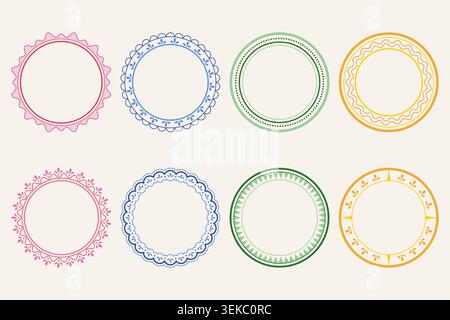 Set di colorate cornici tonde con bordi floreali e geometrici Illustrazione Vettoriale