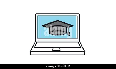 Laptop con icona del cappuccio di laurea: Notebook portatile con simbolo dell'e-learning e dell'università online, moderna arte in linea nera con colo offset Illustrazione Vettoriale