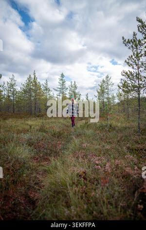 Donna che cammina sulle zone umide in autunno, viaggia da sola nella natura. Passeggiata tranquilla tra torbiere Foto Stock