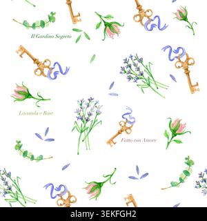 Motivo acquerello senza cuciture con chiavi vintage bouquet di lavanda e boccioli di rosa rosa. Illustrazione botanica disegnata a mano per inviti creativi di nozze Foto Stock