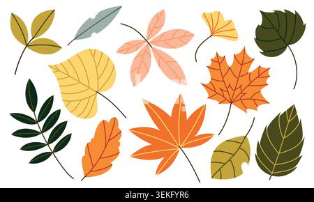 Autumn Leaves Vector Set Flat Geometric Foliage Collection Isolated Illustrazione Vettoriale