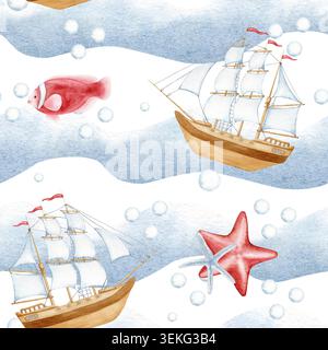 Acquerello senza cuciture con barche a vela, stelle marine, pesci rossi e bolle su sfondo blu ondulato. Carta digitale marina disegnata a mano per il textil estivo Foto Stock