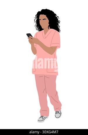 L'infermiera in scrub rosa ha un telefono Illustrazione Vettoriale